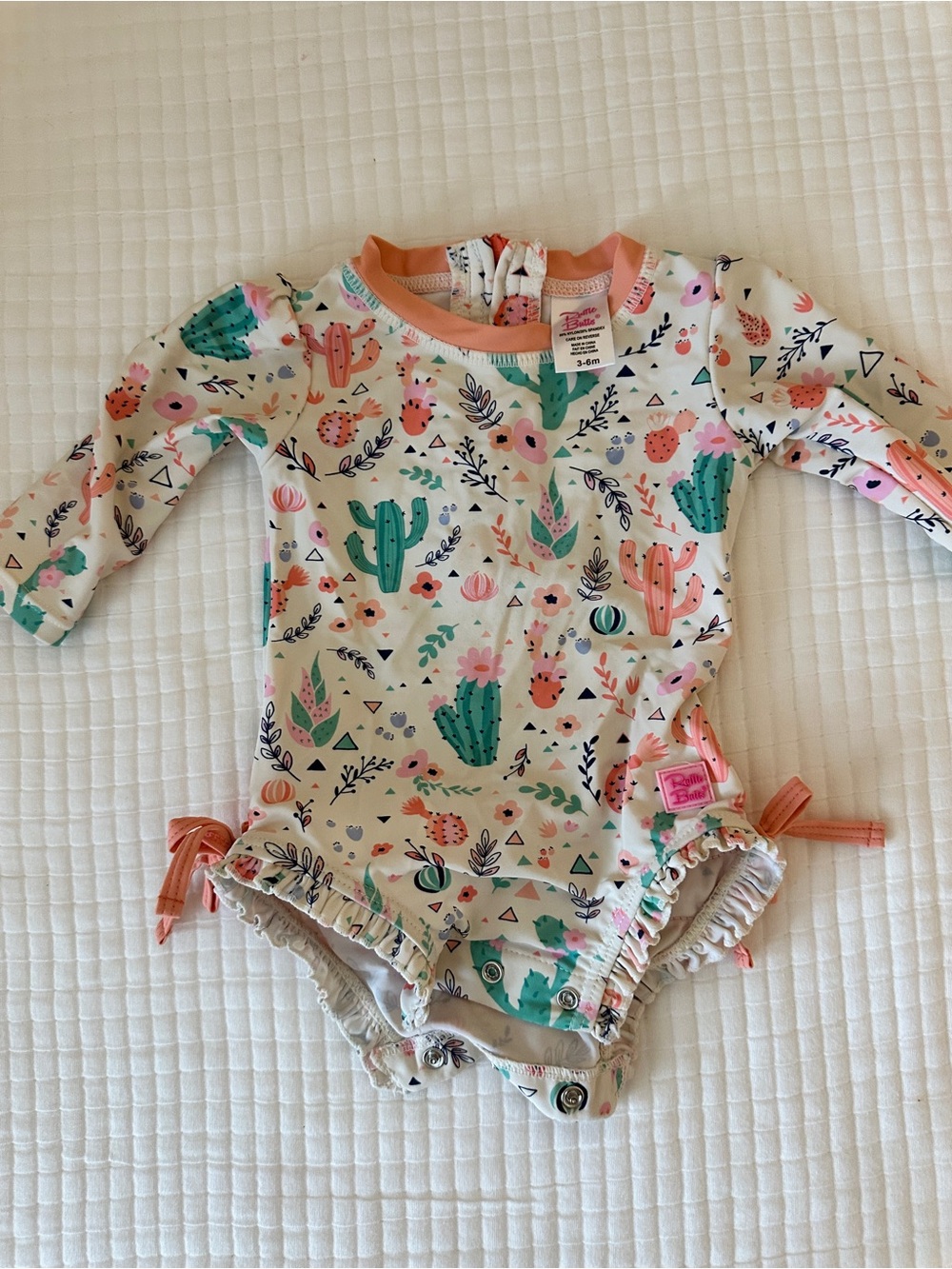 Ruffle Butts Coral Trim Cactus Print Long-Sleeve One-Piece